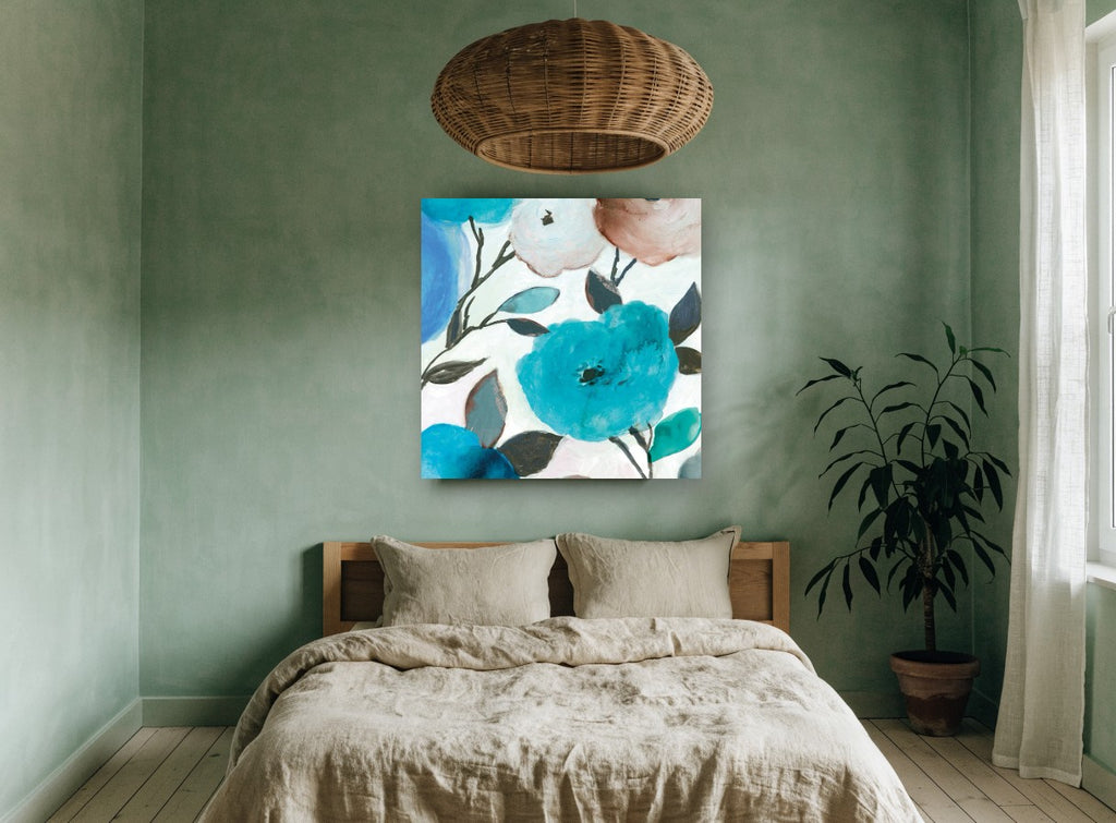 Aqua Bloom Drift floral canvas print on the wall of a bedroom
