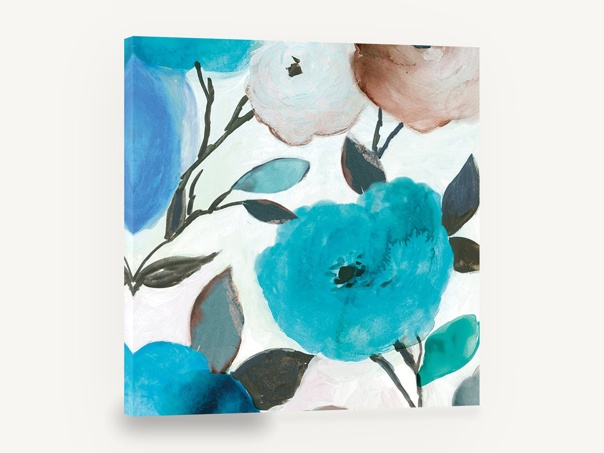 Aqua Bloom Drift, aqua blue watercolour floral painting, floral canvas wall art print ready to hang