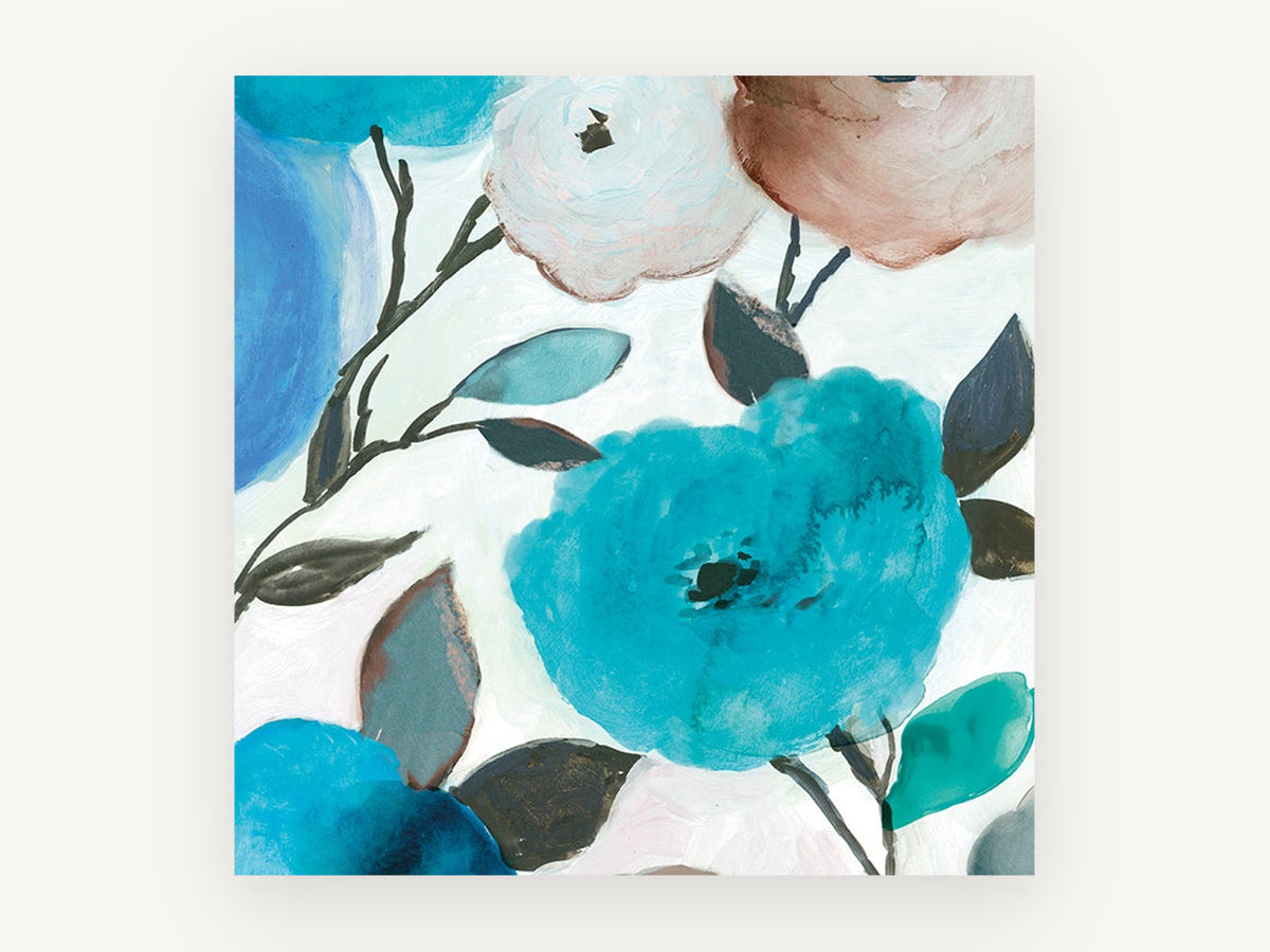 Aqua Bloom Drift, floral canvas wall art print, front view