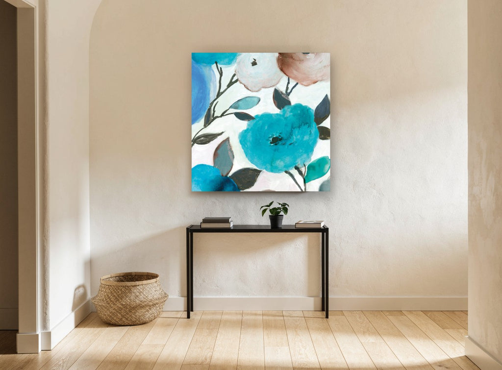 Aqua Bloom Drift floral canvas print on the wall of a hallway