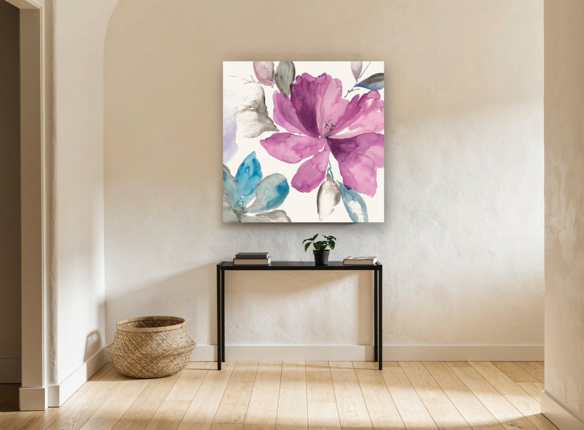 Magenta Bloom Wash floral canvas print on the wall of a hallway