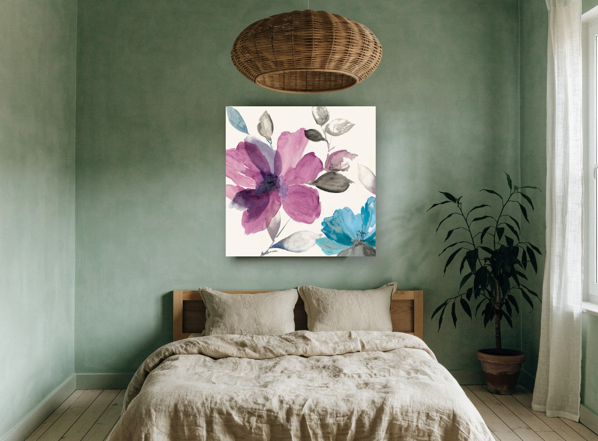 Plum and Teal Blooms floral canvas print on the wall of a bedroom