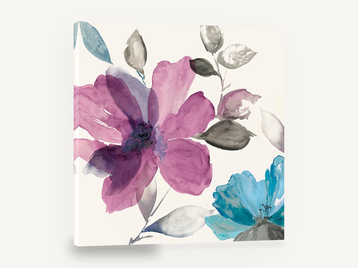 Plum and Teal Blooms, pink purple watercolour flowers teal, floral canvas wall art print ready to hang