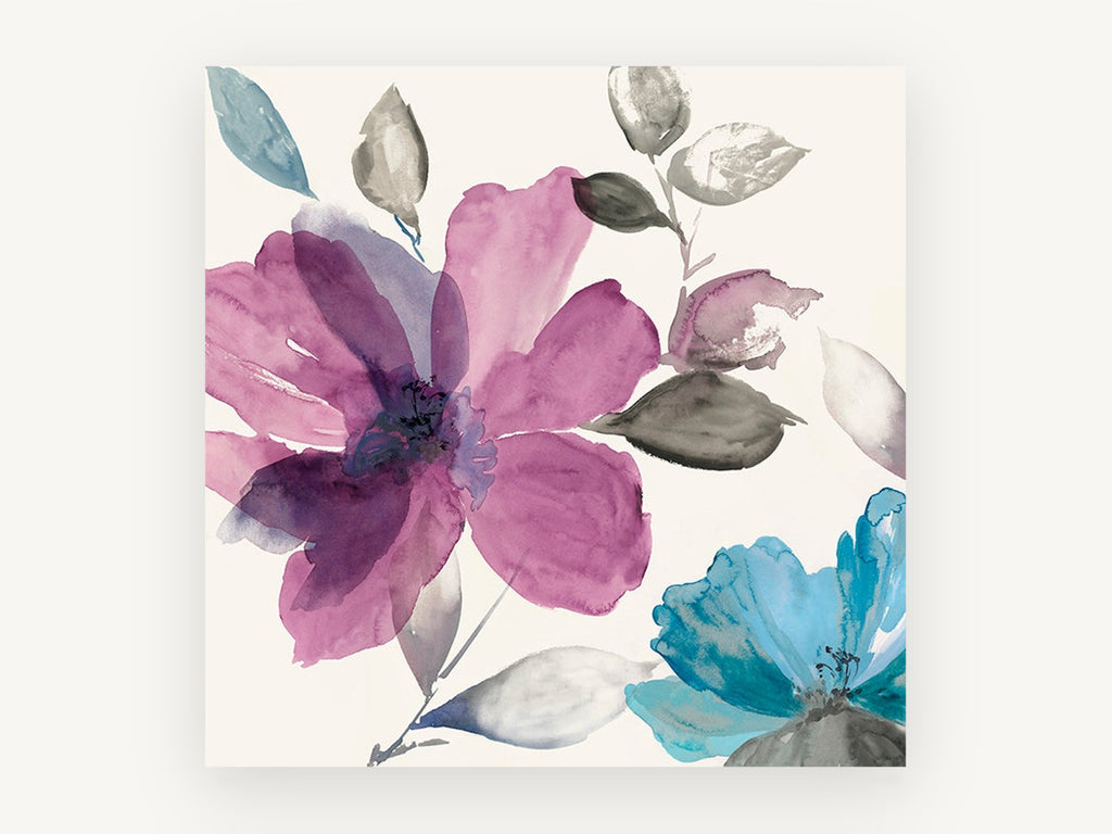 Plum and Teal Blooms, floral canvas wall art print, front view