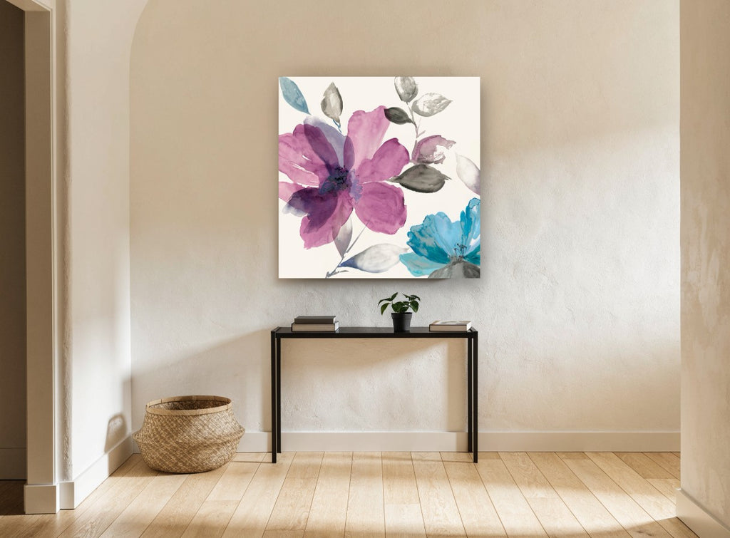 Plum and Teal Blooms floral canvas print on the wall of a hallway