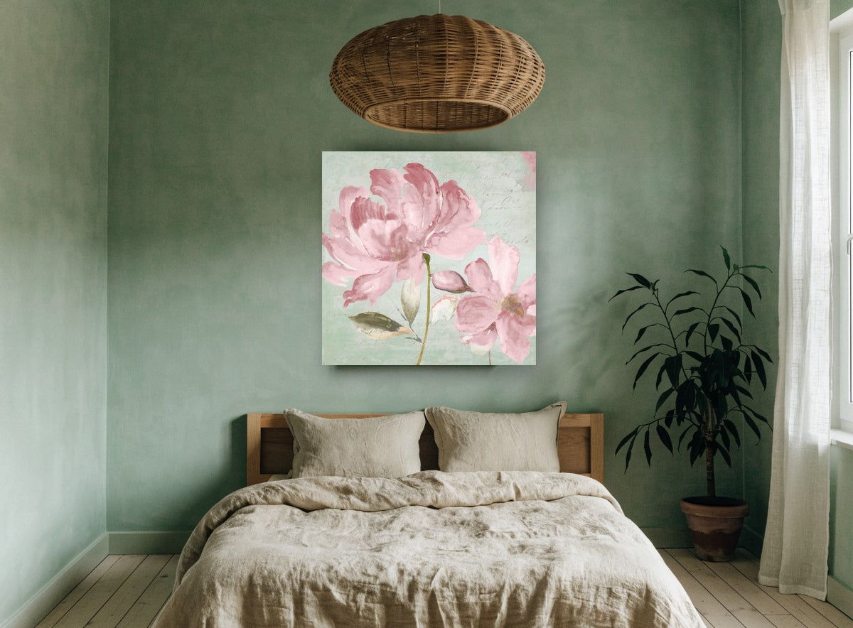 Blush Peony Script vintage canvas print on the wall of a bedroom