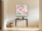 Blush Peony Script vintage canvas print on the wall of a hallway