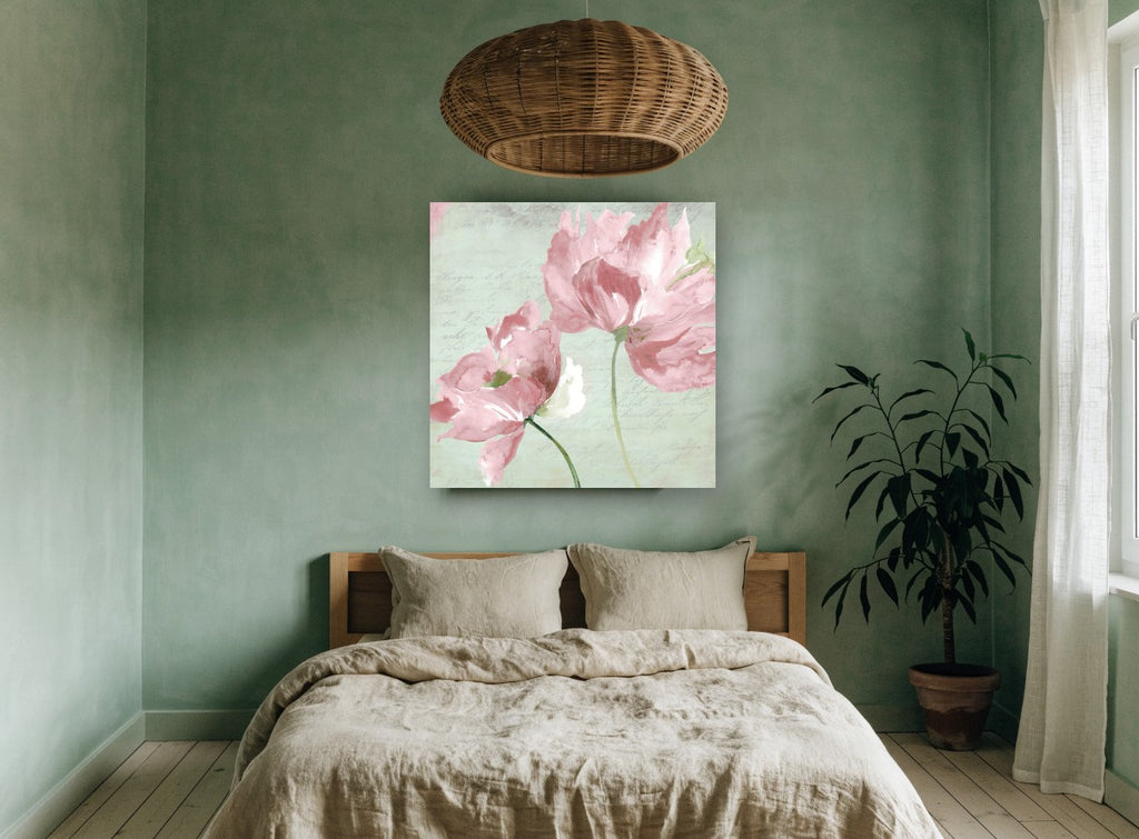 Blush Peonies on Script vintage canvas print on the wall of a bedroom