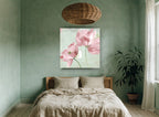 Blush Peonies on Script vintage canvas print on the wall of a bedroom