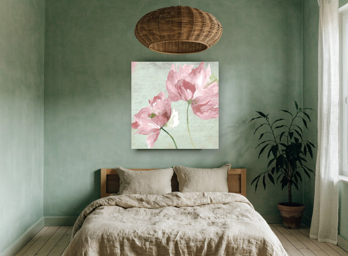 Blush Peonies on Script vintage canvas print on the wall of a bedroom