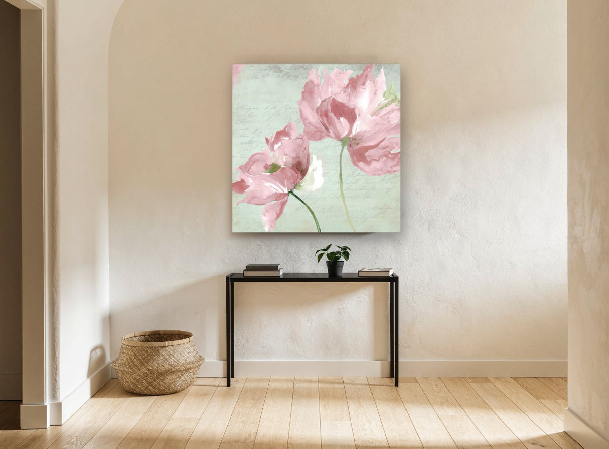 Blush Peonies on Script vintage canvas print on the wall of a hallway