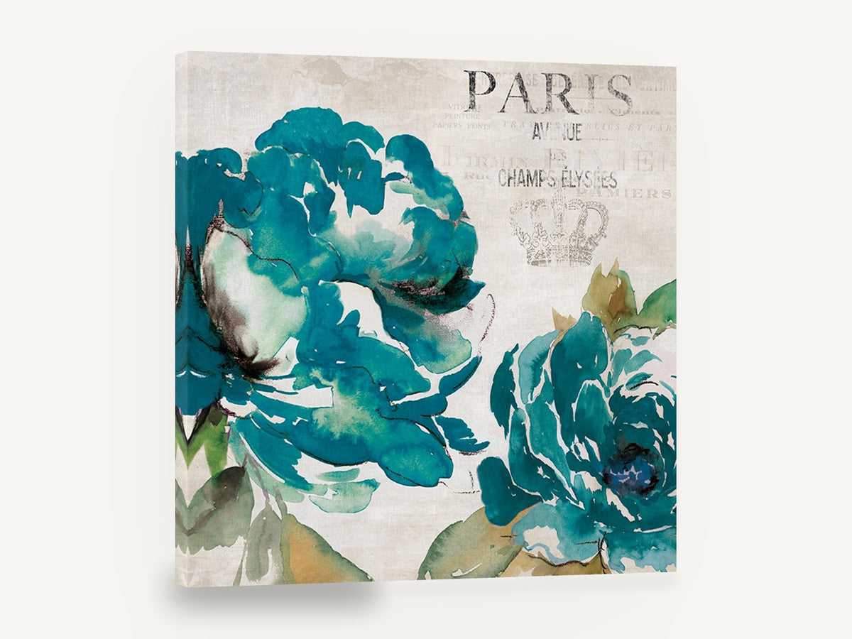 Teal Peonies of Paris, teal peony watercolour paris typography, floral canvas wall art print ready to hang
