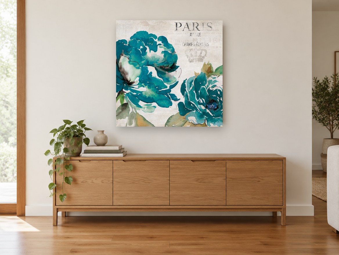 Teal Peonies of Paris floral canvas print on the wall of a living room above a sideboard
