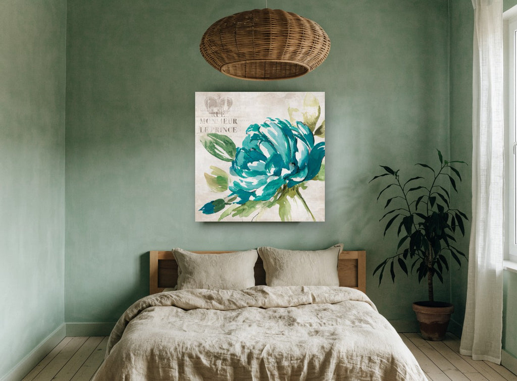 Teal Peony Rue vintage canvas print on the wall of a bedroom