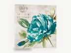 Teal Peony Rue, vintage teal peony french script, stretched canvas wall art print ready to hang