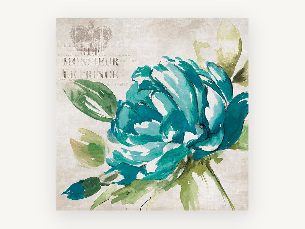 Teal Peony Rue, vintage canvas wall art print, front view