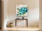 Teal Peony Rue vintage canvas print on the wall of a hallway