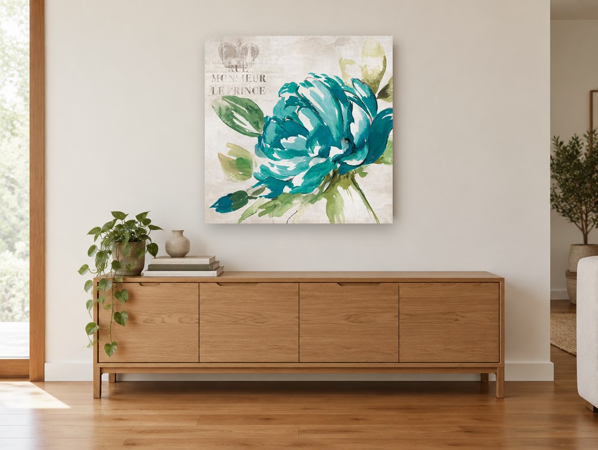 Teal Peony Rue vintage canvas print on the wall of a living room above a sideboard