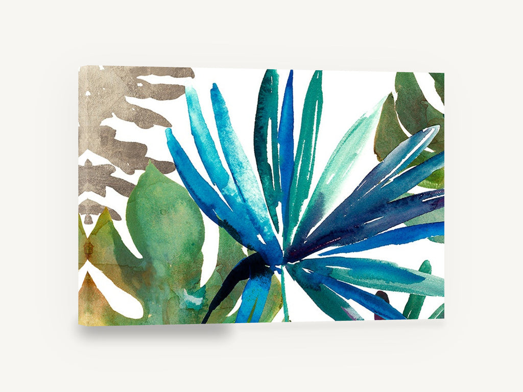 Teal Palm Fan, blue tropical palm leaf watercolour, coastal canvas wall art print ready to hang