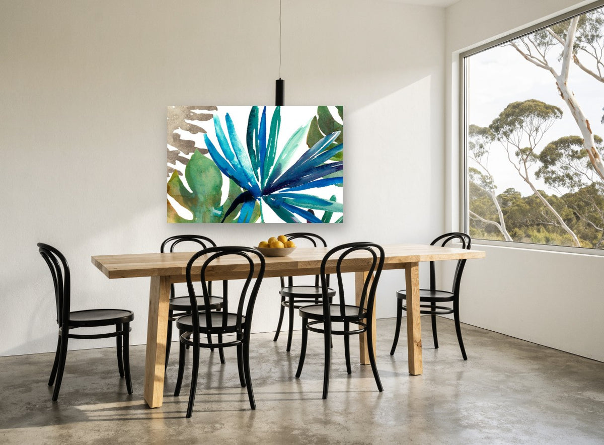 Teal Palm Fan coastal canvas print on the wall of a dining room