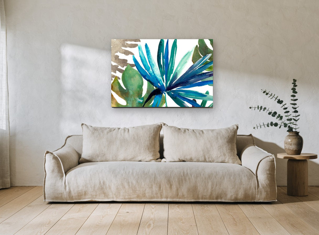Teal Palm Fan coastal canvas print on the wall of a living room