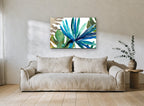 Teal Palm Fan coastal canvas print on the wall of a living room