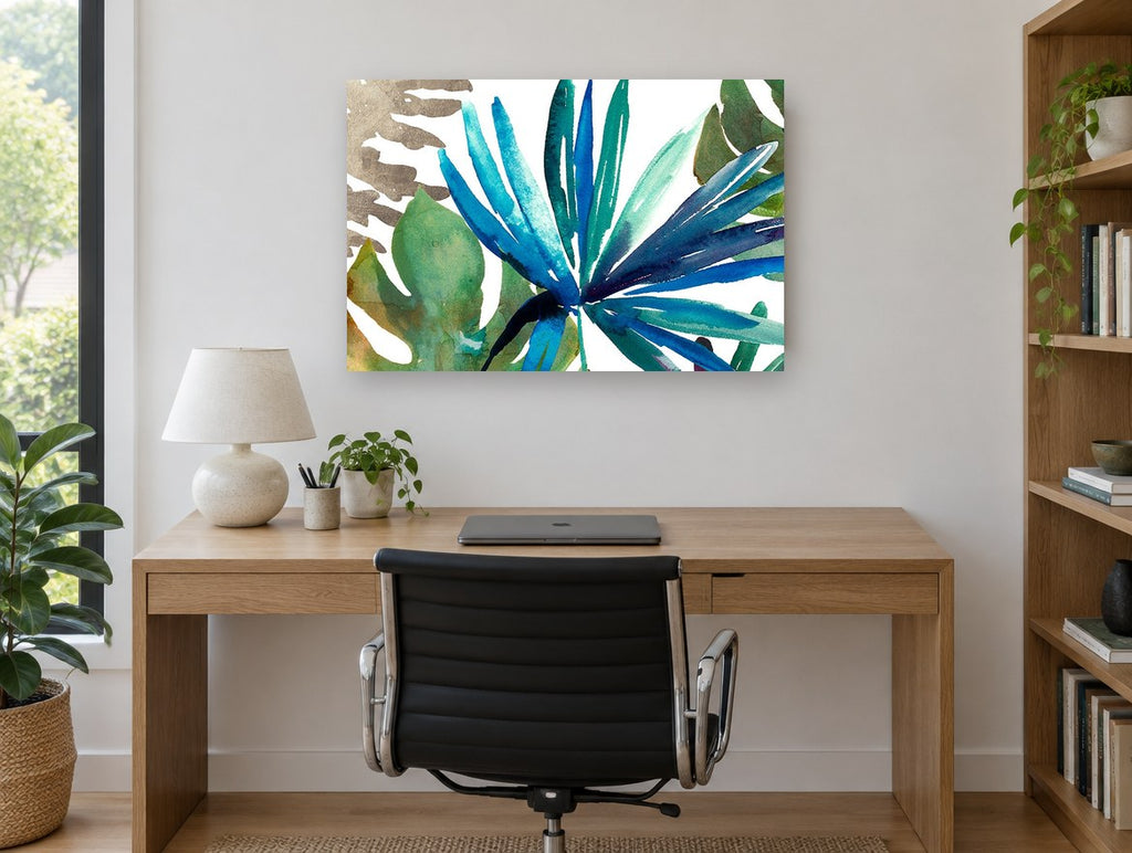 Teal Palm Fan coastal canvas print on the wall of a study