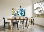 Tropic Sway Palms coastal canvas print on the wall of a dining room