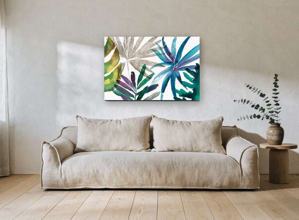 Tropic Sway Palms coastal canvas print on the wall of a living room