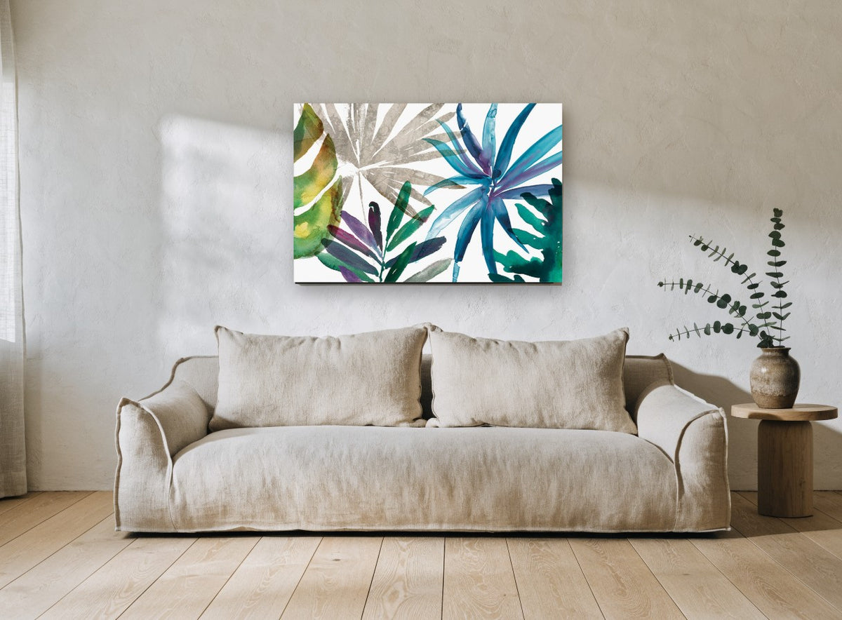 Tropic Sway Palms coastal canvas print on the wall of a living room