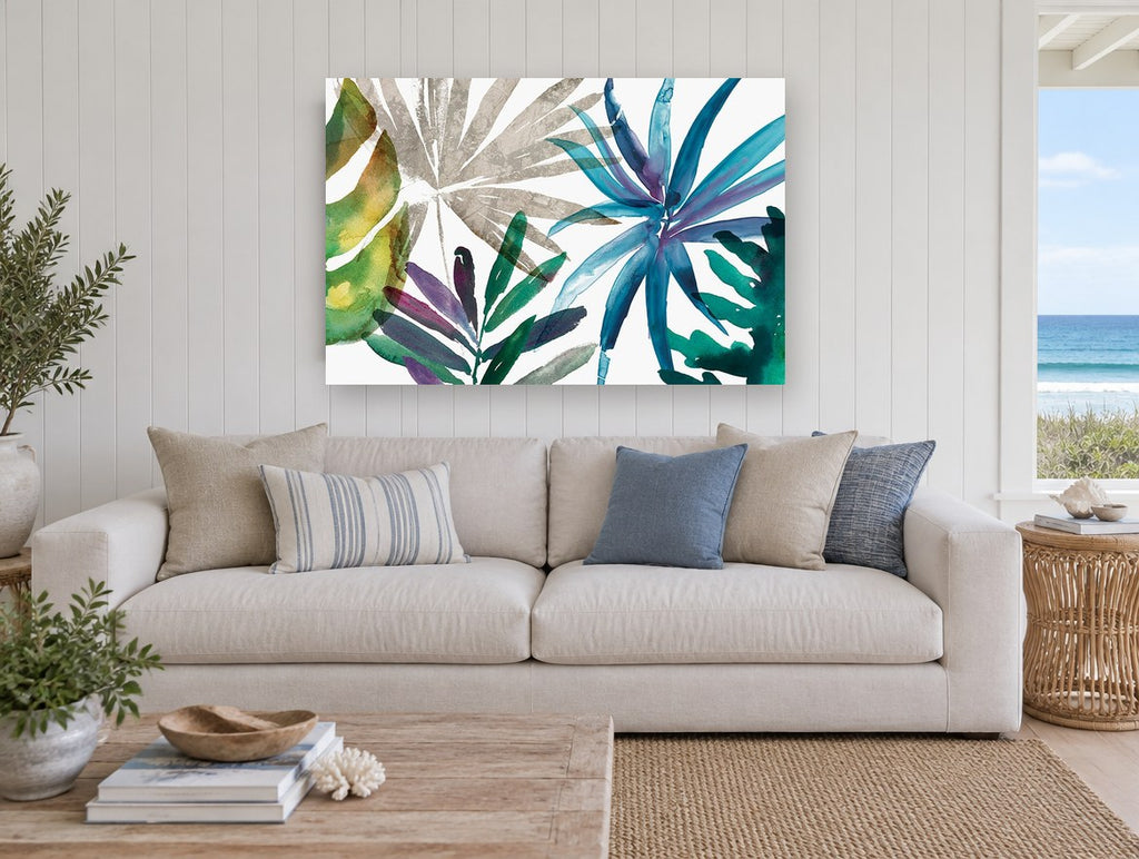Tropic Sway Palms coastal canvas print on the wall of a beach house living room