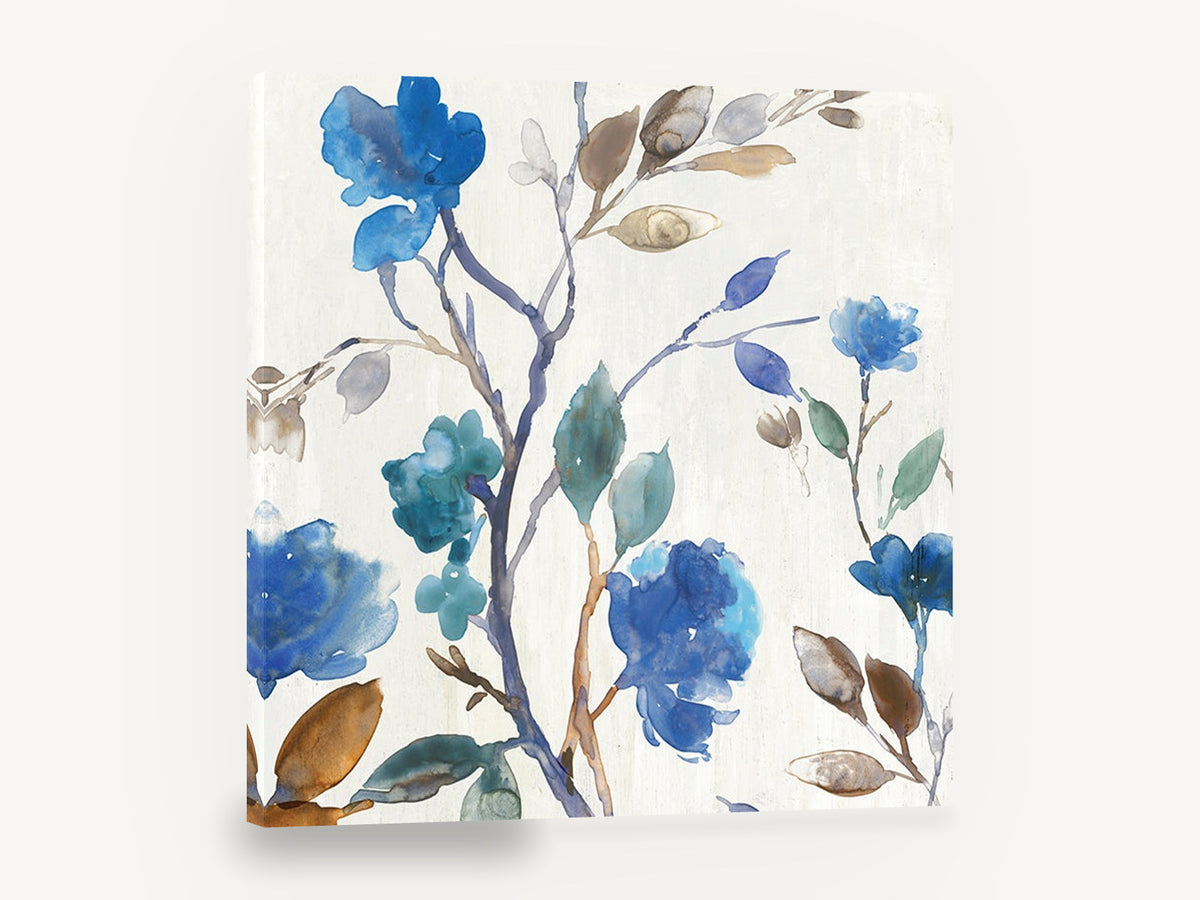 Cobalt Blossom Branches, blue floral branches watercolour botanical, floral canvas wall art print ready to hang