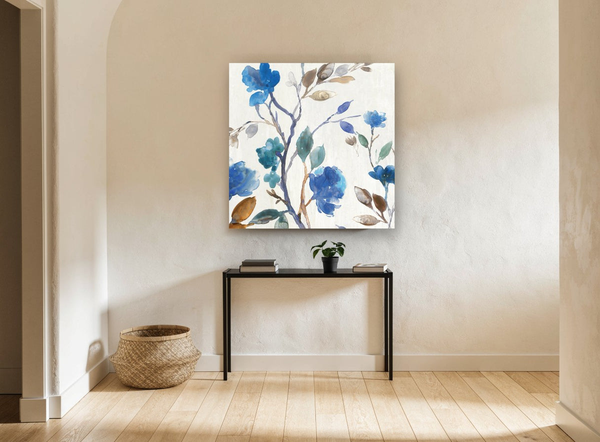 Cobalt Blossom Branches floral canvas print on the wall of a hallway