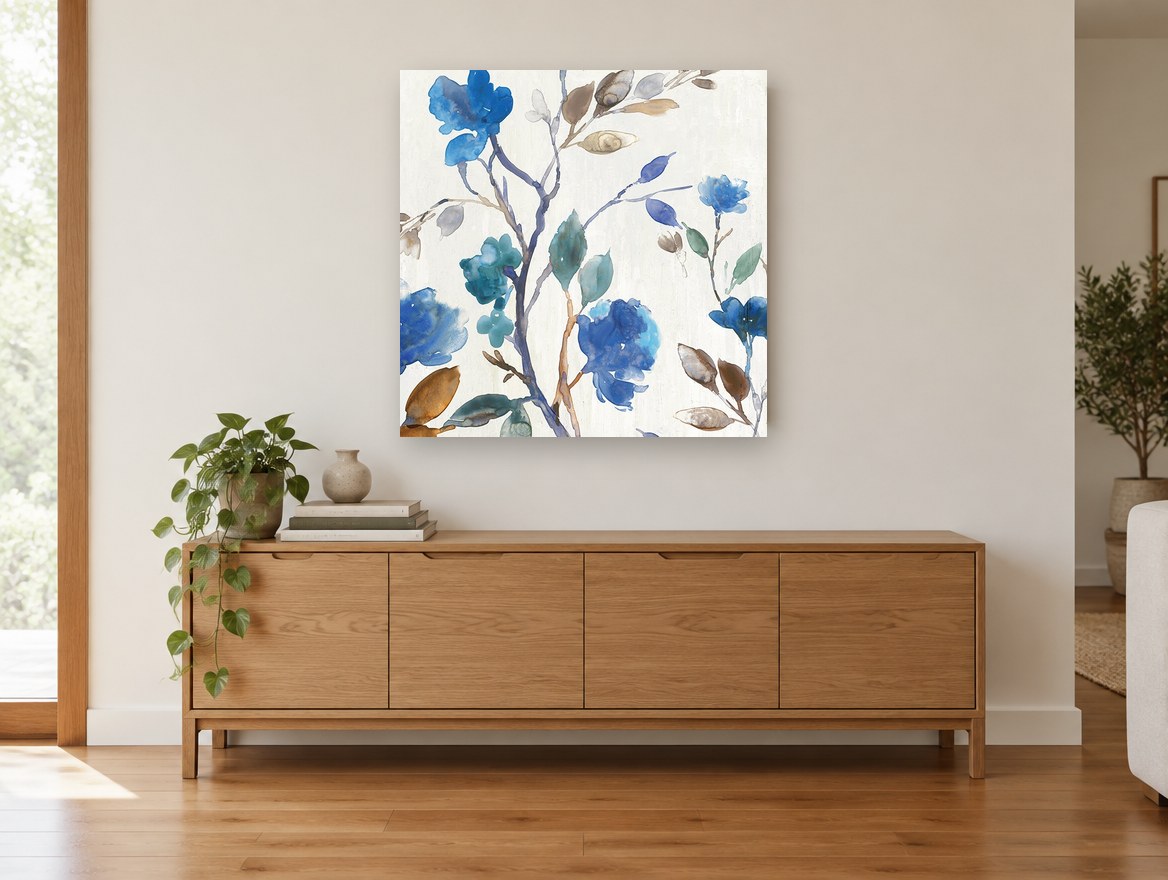 Cobalt Blossom Branches floral canvas print on the wall of a living room above a sideboard