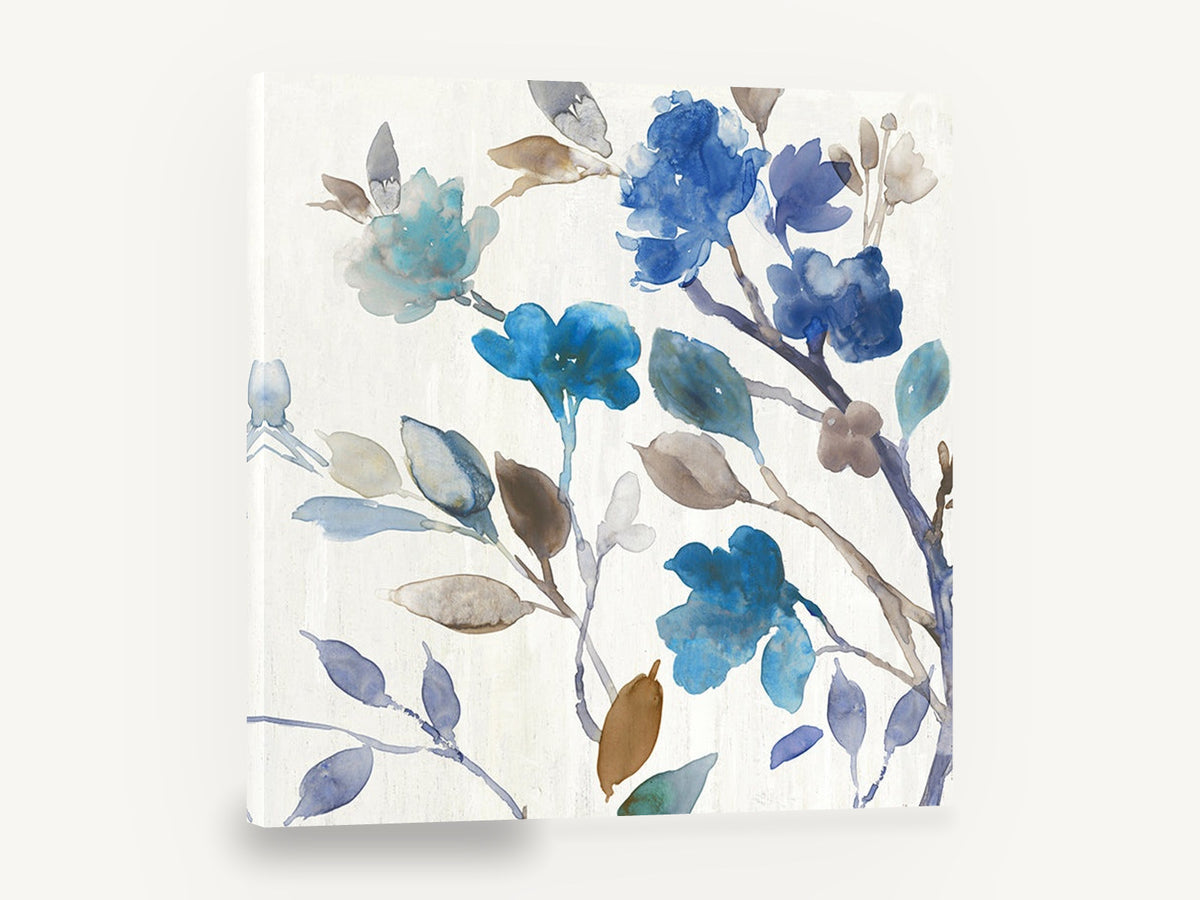 Azure Petal Drift, blue watercolour blossom branch botanical, floral canvas wall art print ready to hang