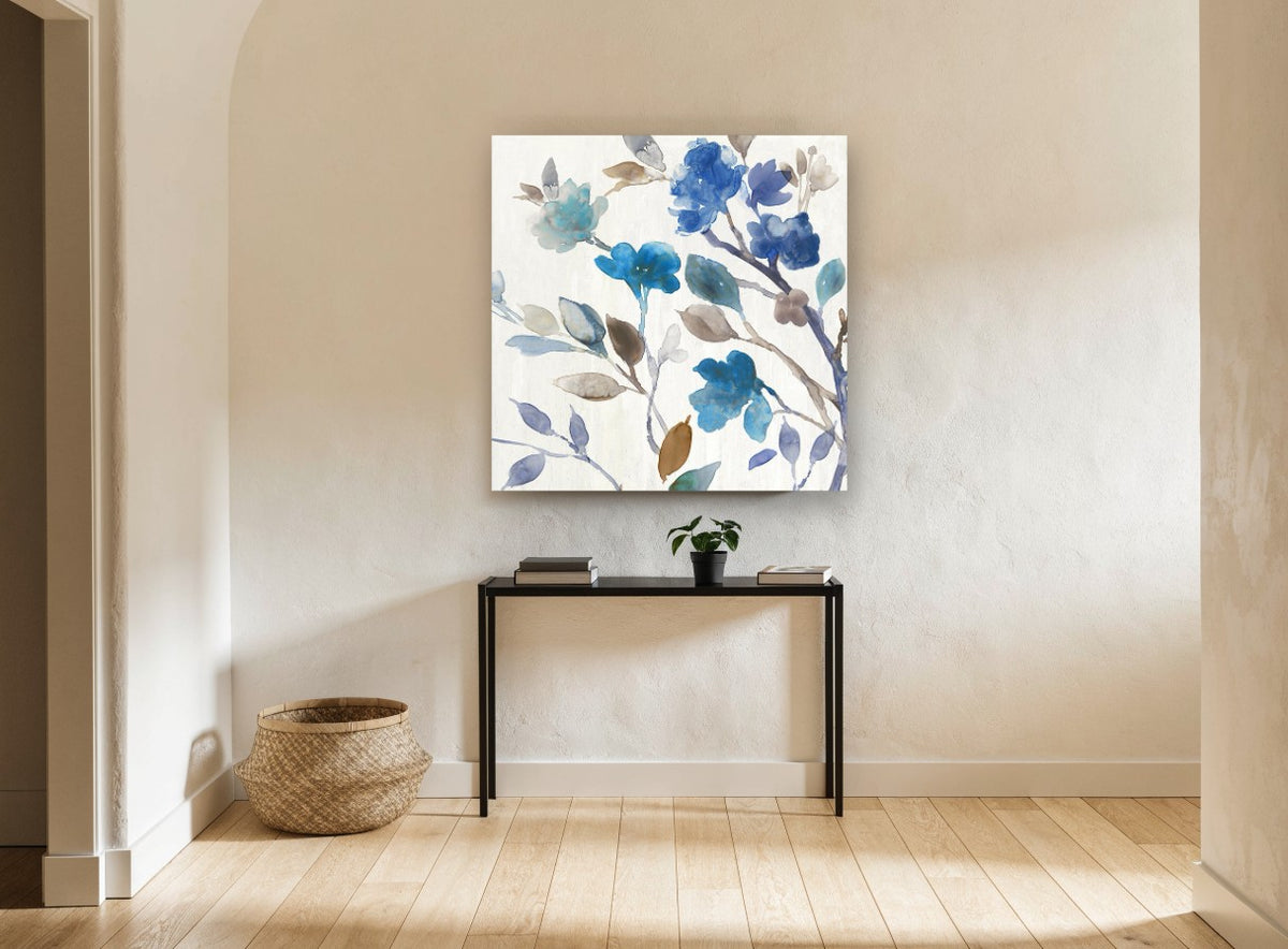 Azure Petal Drift floral canvas print on the wall of a hallway