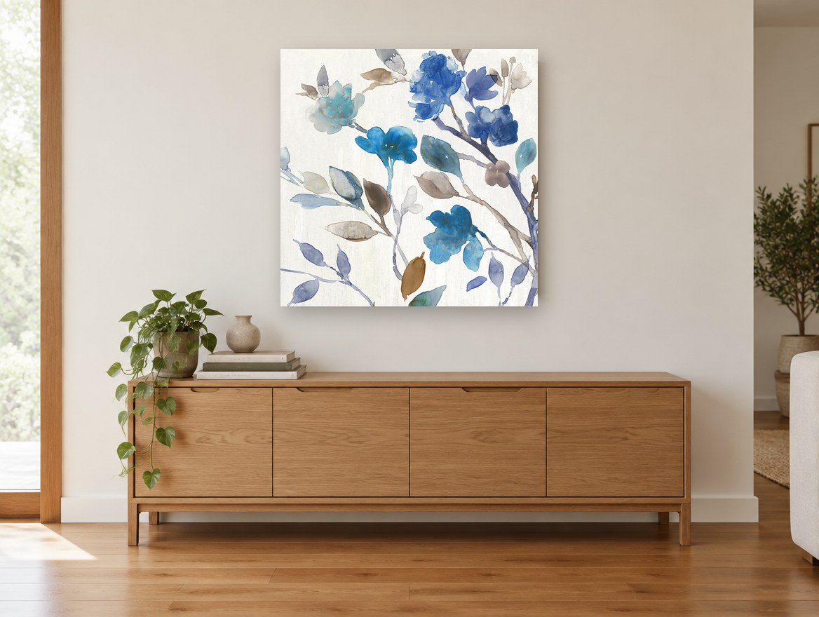 Azure Petal Drift floral canvas print on the wall of a living room above a sideboard