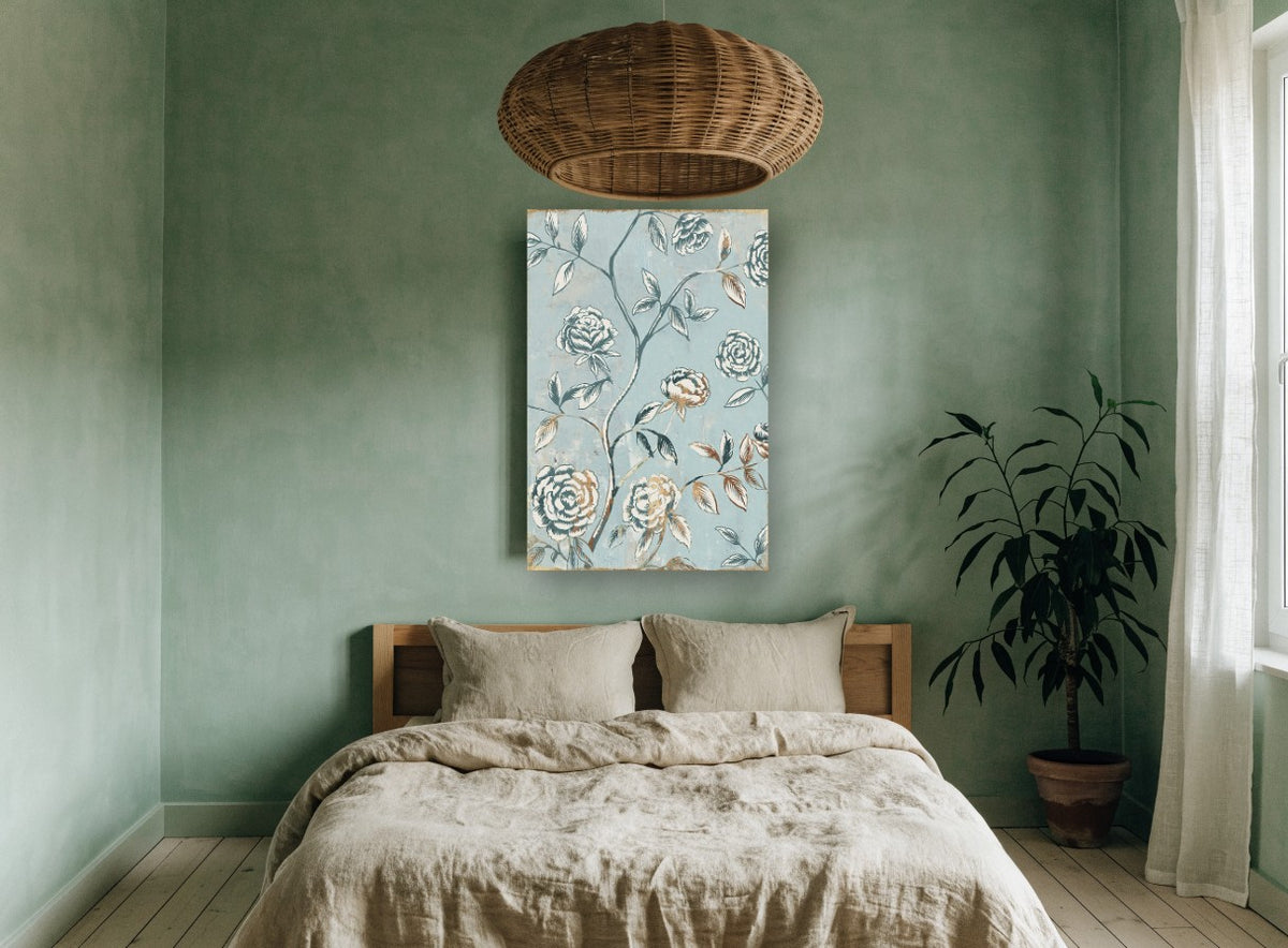 Gilded Rose Chinoiserie floral canvas print on the wall of a bedroom