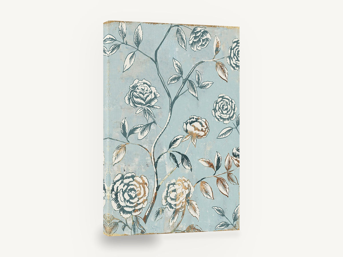 Gilded Rose Chinoiserie, rose branch chinoiserie floral illustration, floral canvas wall art print ready to hang