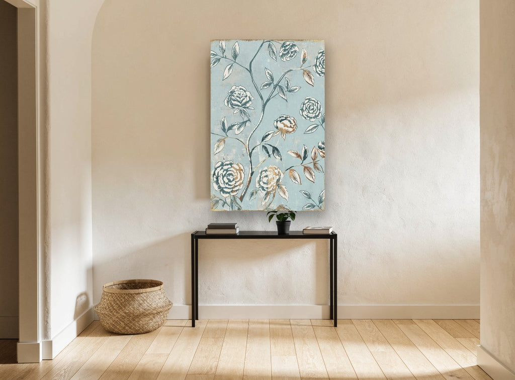 Gilded Rose Chinoiserie floral canvas print on the wall of a hallway