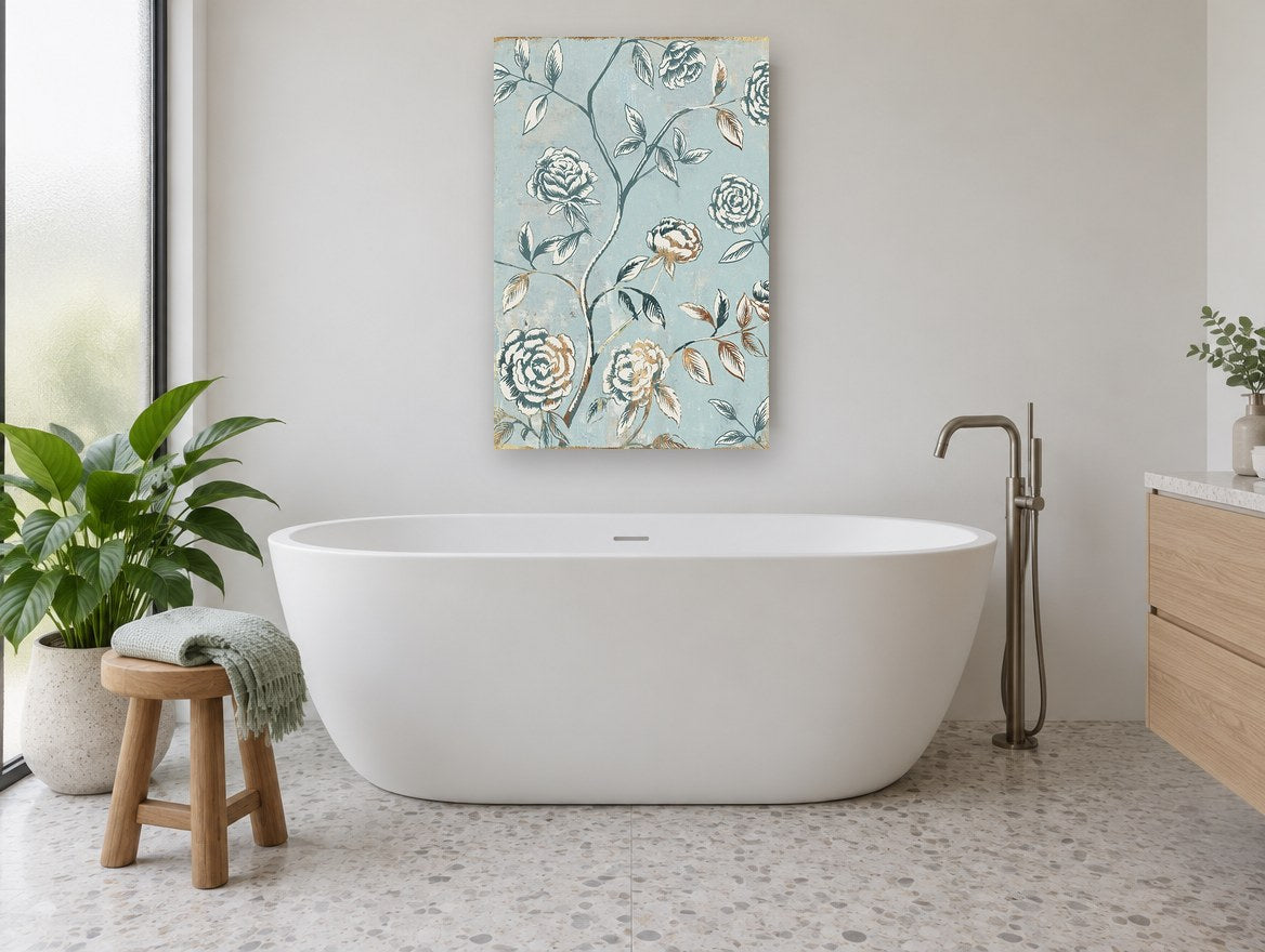 Gilded Rose Chinoiserie floral canvas print on the wall of a bathroom