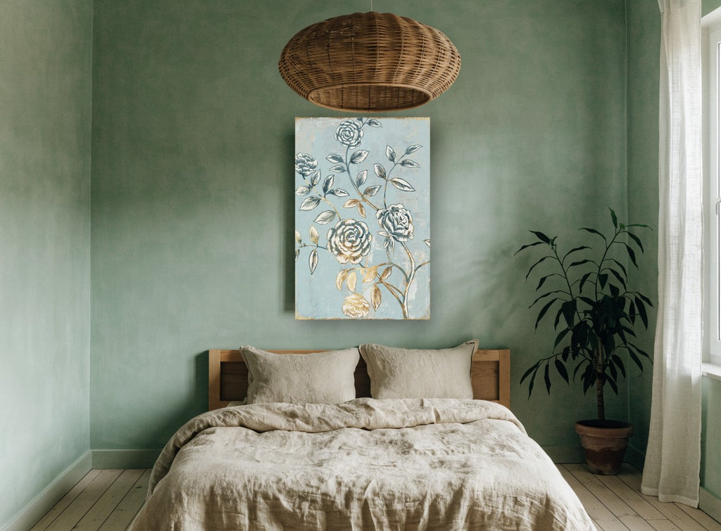Gilded Rose Trellis floral canvas print on the wall of a bedroom