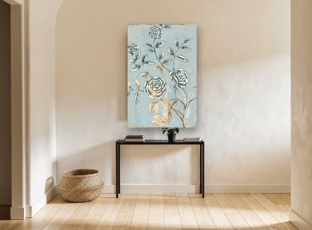 Gilded Rose Trellis floral canvas print on the wall of a hallway