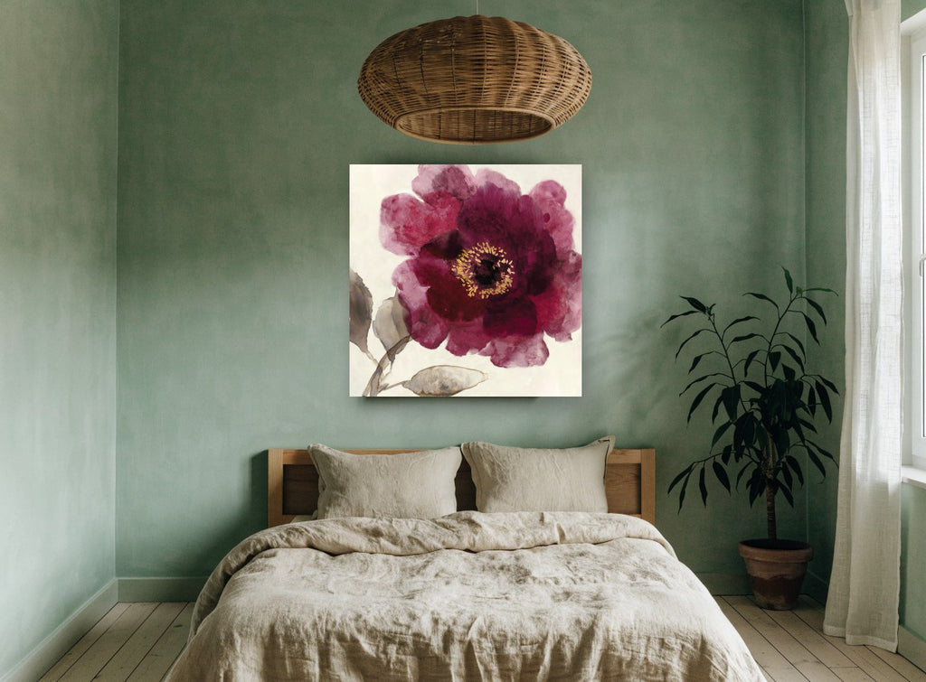 Burgundy Bloom Study floral canvas print on the wall of a bedroom