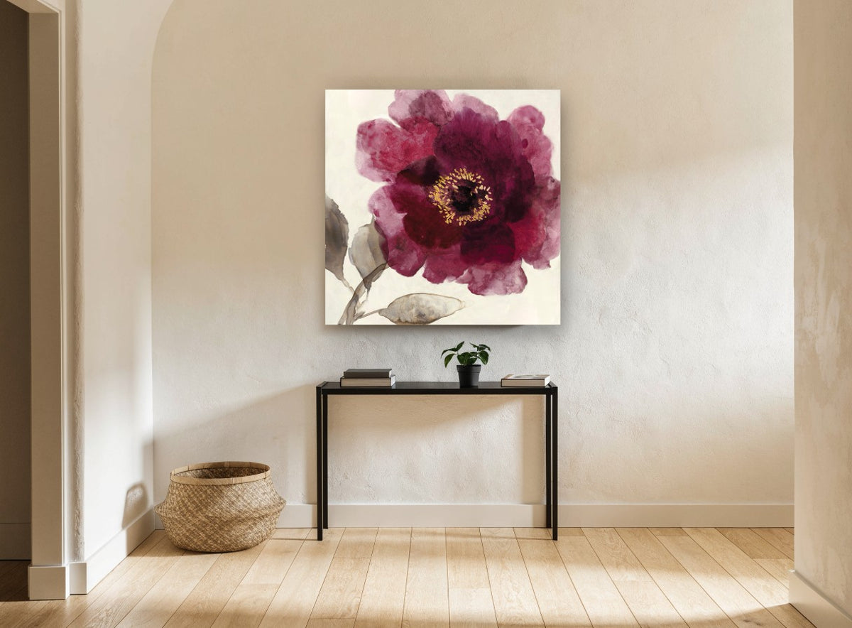 Burgundy Bloom Study floral canvas print on the wall of a hallway