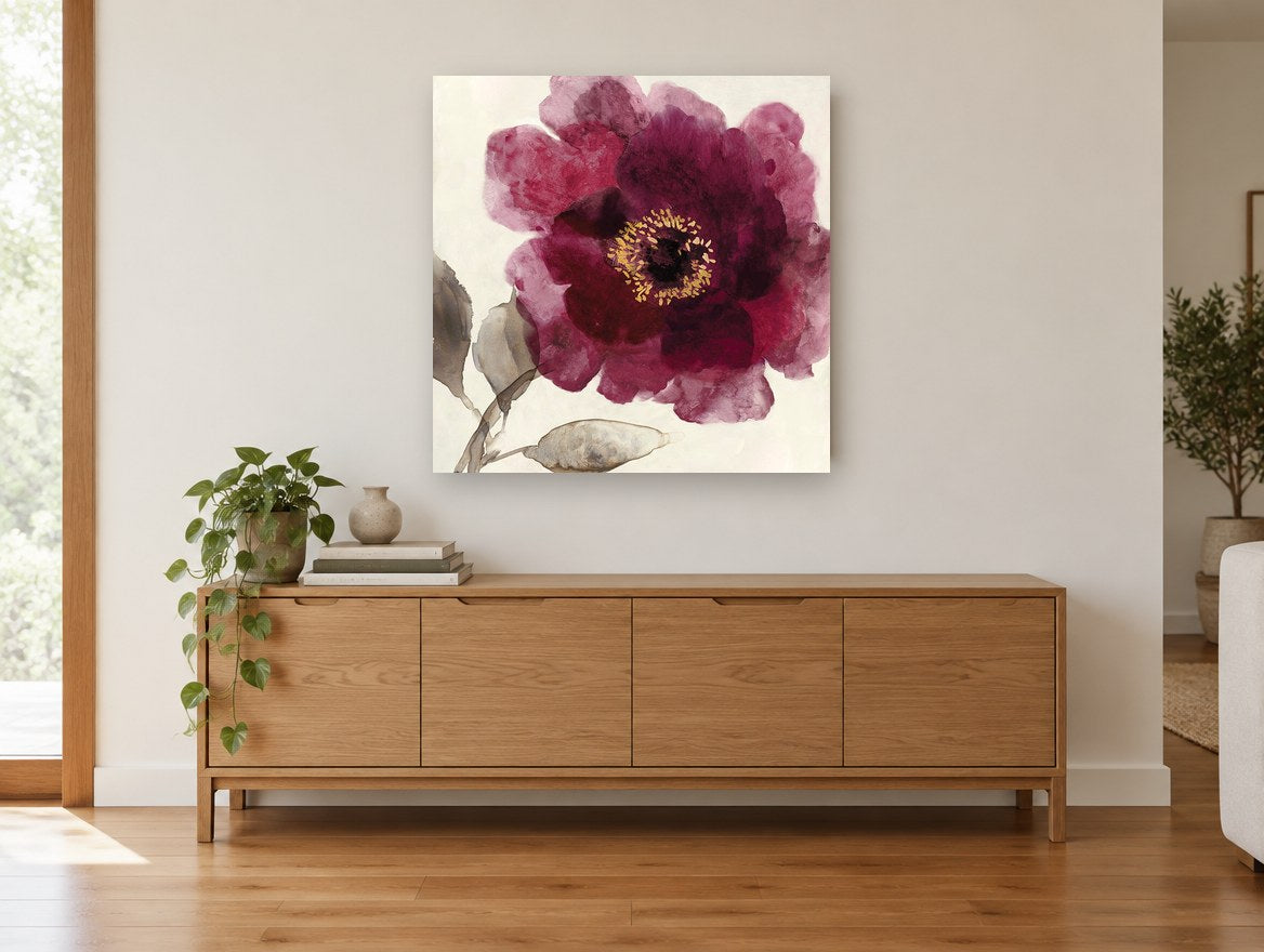 Burgundy Bloom Study floral canvas print on the wall of a living room above a sideboard