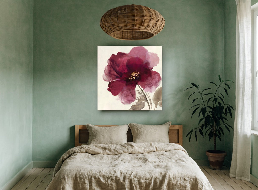 Plum Petal Whisper floral canvas print on the wall of a bedroom
