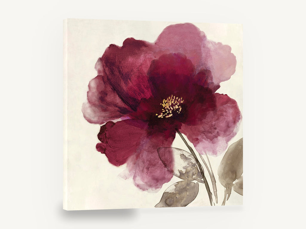 Plum Petal Whisper, crimson peony watercolour floral, floral canvas wall art print ready to hang