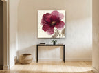 Plum Petal Whisper floral canvas print on the wall of a hallway
