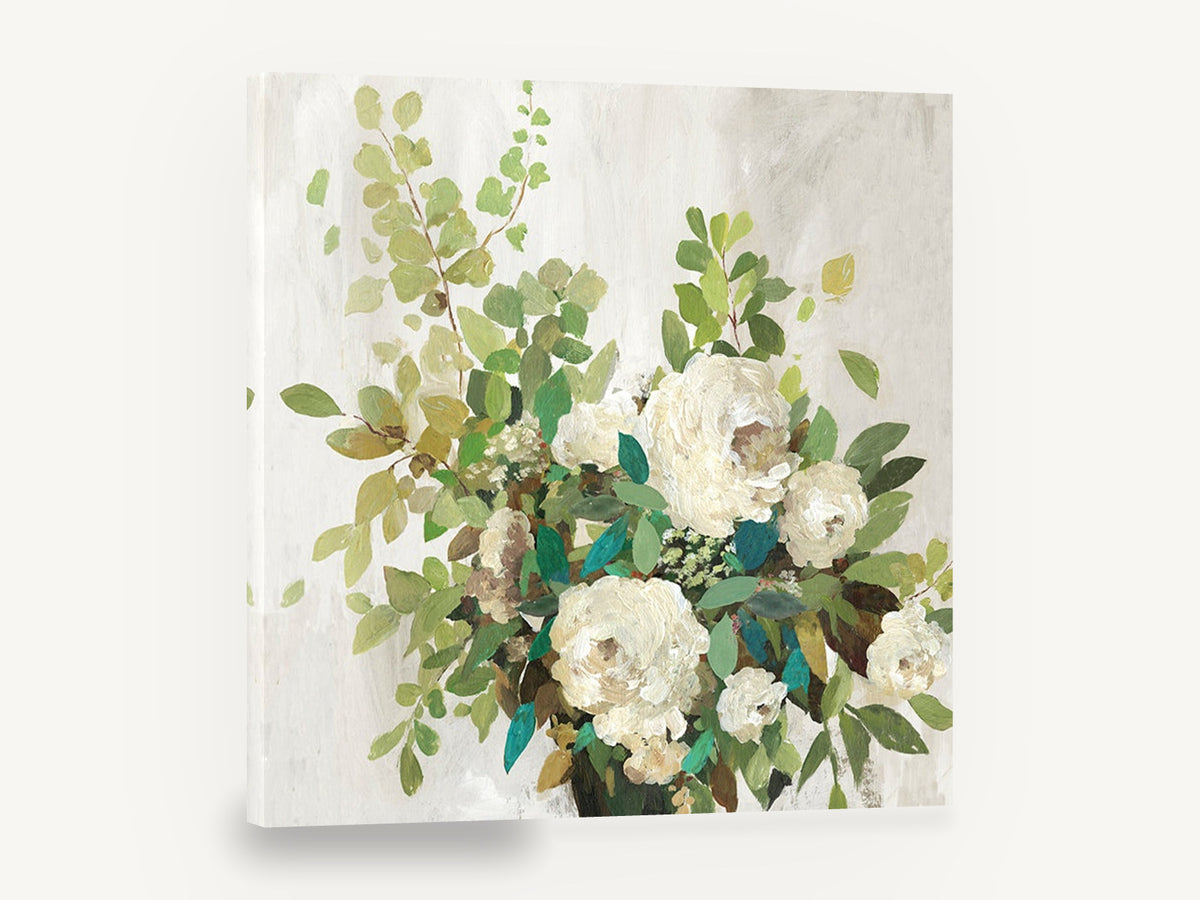 Cream Roses Teal Foliage, white rose bouquet floral painting, floral canvas wall art print ready to hang